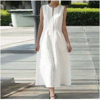 簡約好搭 大尺碼 V領 無袖 開叉 腰帶 素面 長洋裝