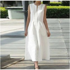 簡約好搭 大尺碼 V領 無袖 開叉 腰帶 素面 長洋裝