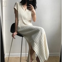 顯瘦 V領 條紋 螺紋 開叉 針織洋裝