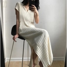 顯瘦 V領 條紋 螺紋 開叉 針織洋裝
